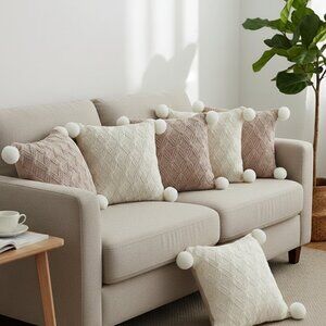 SOGA 6PC Pillowcase Set – Brown Diamond Knit & Ivory Diamond Knit with Pom Poms